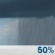 This Afternoon: A 50 percent chance of showers and thunderstorms.  Mostly cloudy, with a steady temperature around 57. West southwest wind around 9 mph, with gusts as high as 15 mph. 